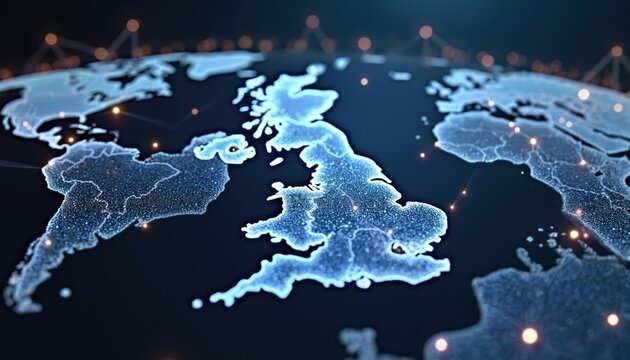 Global network map UK connections. Advanced tech design shows UK location with illuminated dots representing global communication hubs. Interactive digital map signifies global connections. Abstract