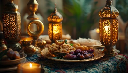 Fototapeta premium A table adorned for Ramadan, featuring dates, sweets, and illuminated lanterns on an ornate tablecloth
