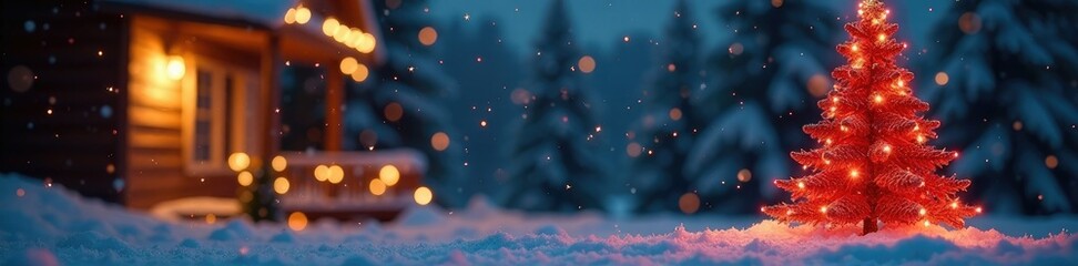 Glittery red and gold Christmas tree on a snowy night background with glowing lights, gold, holiday decor