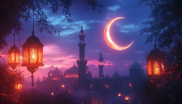 A nighttime scene features a mosque silhouette against a dusk sky with a large crescent moon, framed by foliage and illuminated lanterns