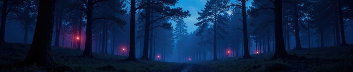 Fototapeta premium Nocturnal forest with glowing trees and dark sky, in the darkness of the forest, forest under starlight, mysterious forest landscape