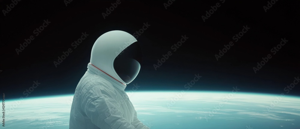 Poster astronaut floating in space earth in background cosmic scene dark environment side profile view expl