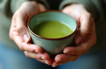 Close-up view of hands holding small teal ceramic teacup filled with vibrant matcha tea. Person enjoys mindful moment. Relaxed posture, gentle hold convey calm enjoyment. Thoughtful, mindful