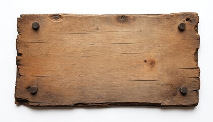 Close-up view of empty rustic wooden sign. Wooden plank natural texture, visible signs of age. Isolated on white background. Suitable for blank sign designs vintage concepts. Image perfect for retro