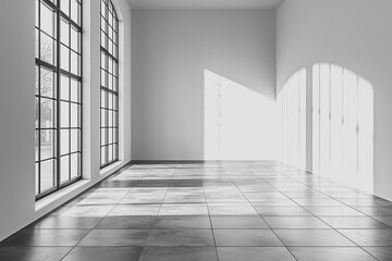 Fototapeta premium Long hallway featuring a large window and a lengthy wall creating an expansive and open atmosphere with natural light