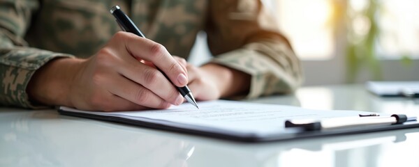 Military person fills out financial aid form. Veteran completing loan forgiveness paperwork. Person in uniform signs documents for assistance. Financial support program for military. Government help