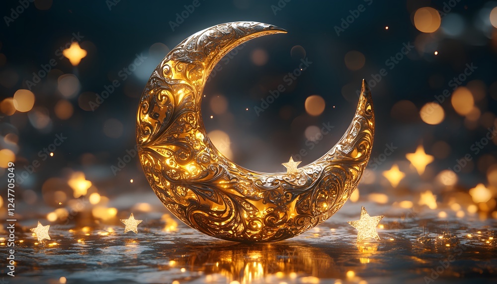 Poster a golden crescent moon with intricate patterns is set against a bokeh background of golden stars