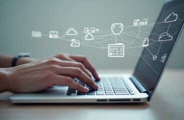 Person types on laptop. Tech solution interface shown on screen. Global innovation in cyberspace service. Cloud connection, computer data transfer visualized. Future of tech, digital services. Online