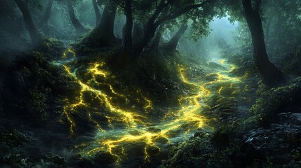 A surreal forest path illuminates with golden cracks in a dark mystical setting