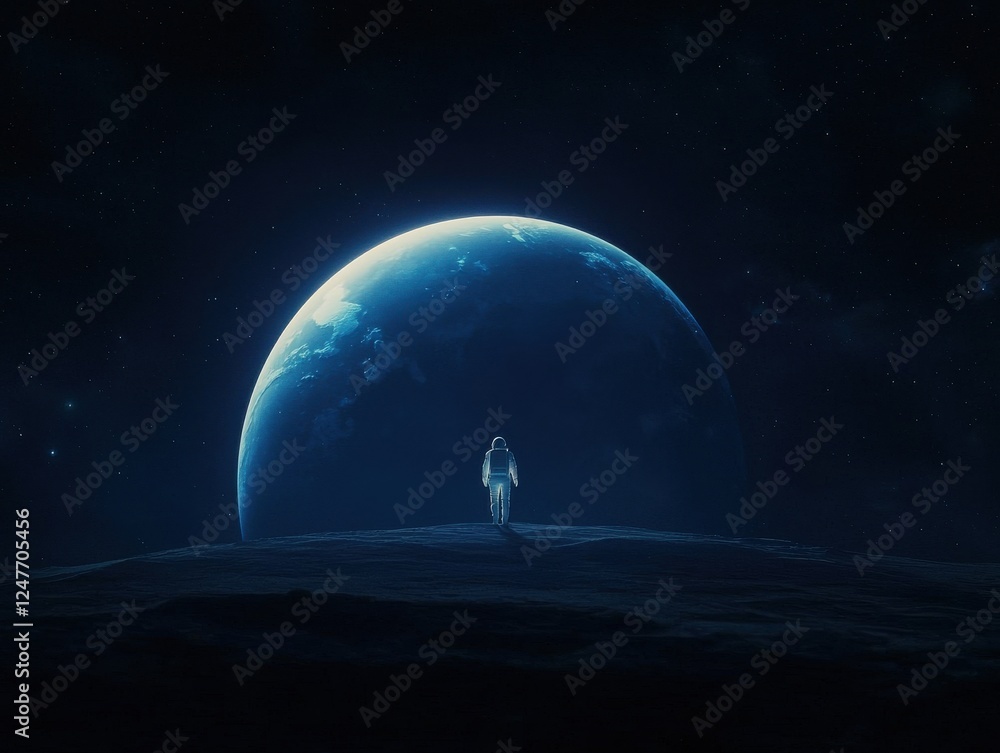 Poster astronaut exploring the lunar surface moon digital art cosmic environment wide view space exploratio