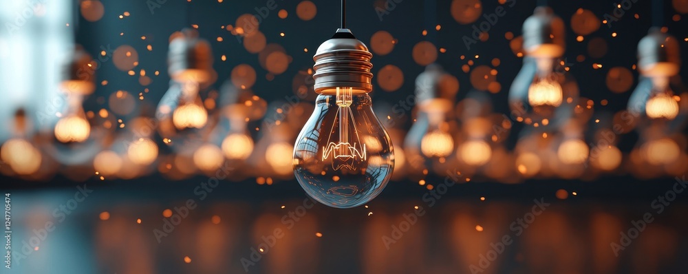 Poster a glowing light bulb hangs in focus, surrounded by softly illuminated bulbs, creating a warm and inv