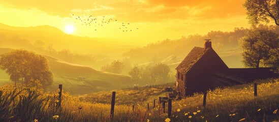 Peaceful countryside house at sunset, golden hour, idyllic rural scene