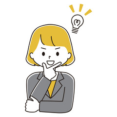決めポーズ　スーツ姿の女性のイラスト　ひらめく