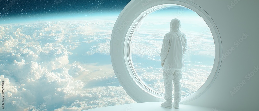 Poster astronaut observing earth from a space station window outer space digital art sci-fi environment uni
