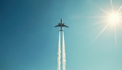 Airplane flies high in clear blue sky. Vapor trails are seen behind plane. Sunny day. Air travel concept. Jet plane in the sky. Flight in progress. Scenic view. Aviation illustration.