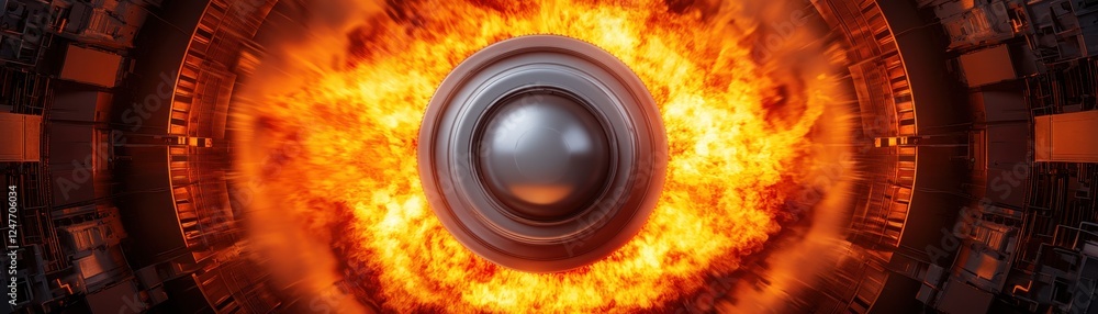 Poster a central metallic sphere surrounded by fiery orange flames, creating a dynamic and intense visual e