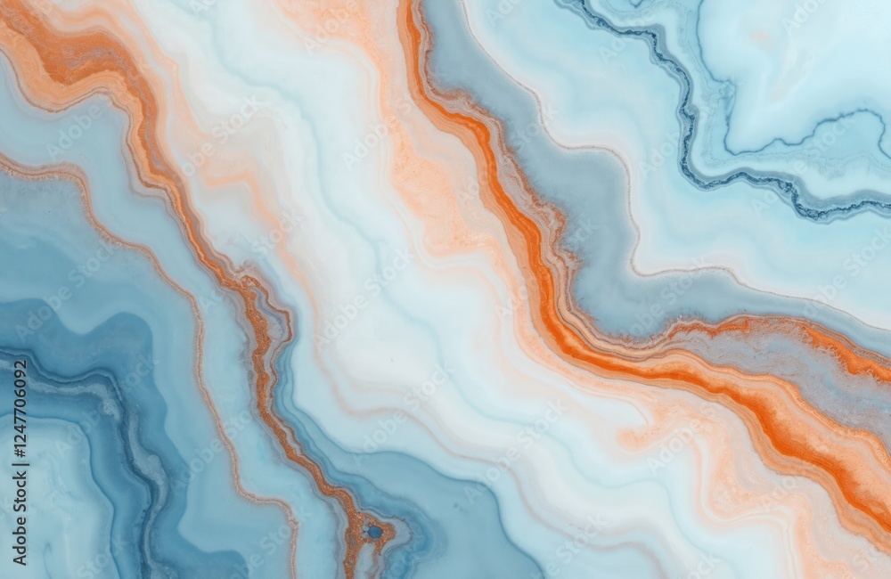 Poster abstract marble design with blue, orange tones. intricate patterns, flowing lines create dynamic vis