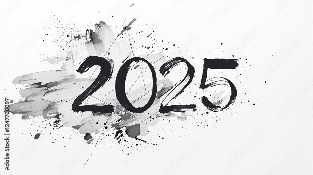 Poster dynamic black and white 2025 typography with abstract splatter design
