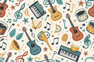 Vibrant musical instruments pattern featuring guitars, drums, and notes
