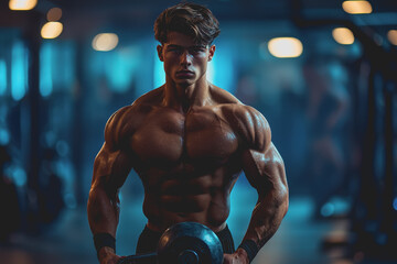 Man holding a kettle in a gym setting engaging in fitness activity with weights for strength training and building muscle