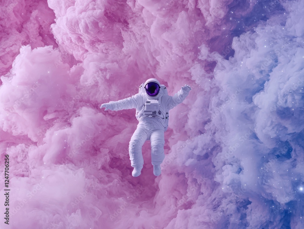 Poster astronaut floating in colorful cosmic clouds outer space digital art surreal environment wide angle 