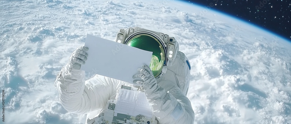 Aufkleber astronaut reading letter in outer space earth background - image cosmic environment aerial view comm