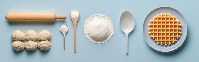 Aesthetic display of baking ingredients and tools arranged neatly alongside freshly made waffle on pastel background for culinary inspiration and food styling
