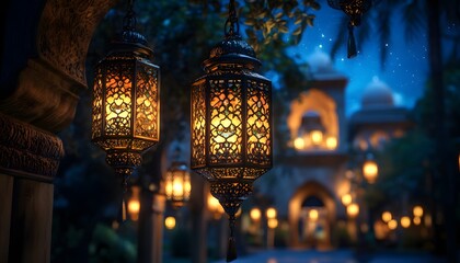 Obraz premium Ornate lanterns glow warmly in the night against a backdrop of starry skies and a building with arched windows and a dome