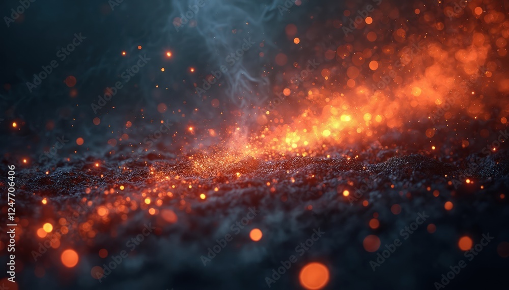 Aufkleber glowing fire particles, sparks fall on dark surface. abstract fiery scene with heat, light effects. 