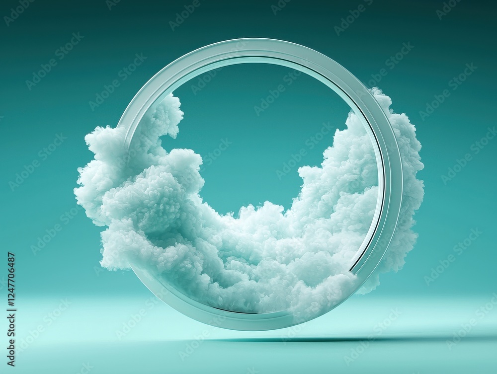 Poster creating ethereal cloud effects within a circular frame studio setting digital art minimalist enviro