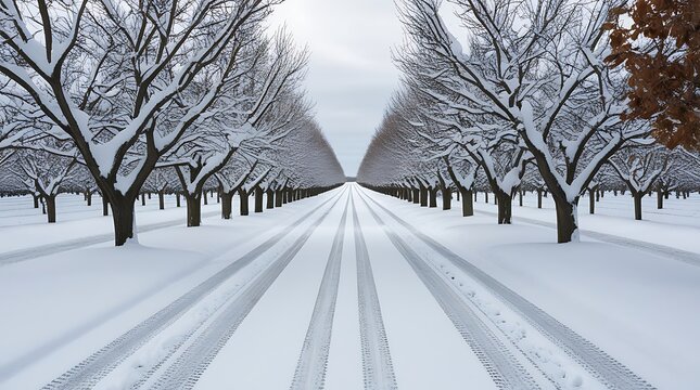 Scenic winter landscape with a snow-covered road lined by symmetrical bare trees, creating a tranquil and serene atmosphere with tire tracks leading into the distance under a cloudy sky

