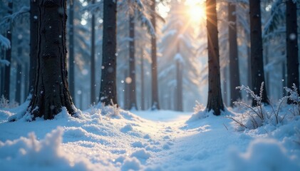 Naklejka premium Snowflakes gently falling on the forest floor, forest, snowfall, trees