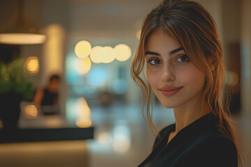 Naklejka premium Woman with long hair wearing a black jacket standing outdoors with a neutral background and a thoughtful expression on her face