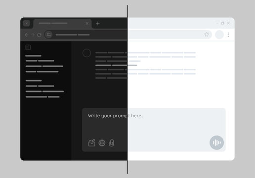 dark mode and light mode user interface design in a web browser page desktop application mockup wireframe