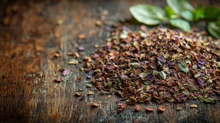 Dried herbs and spices on wood, culinary background