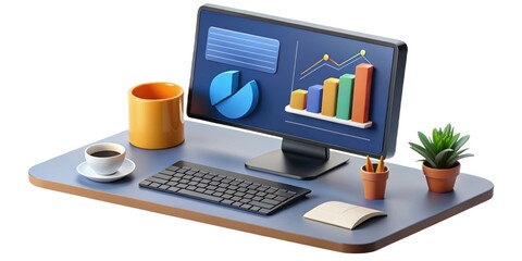 Modern office desk setup with computer and graphs for data analysis and productivity