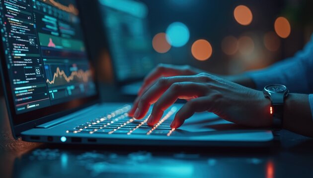 Person working on laptop at night. Hands typing on illuminated keyboard. Modern tech tools used. Digital system service. Possible customer support scene. Remote assistance concept. Focus on