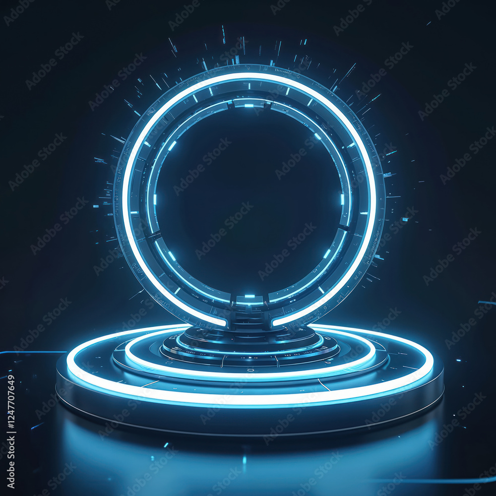 Poster futuristic tech hud interface with glowing neon lights. abstract design element. circular shape holo