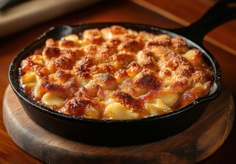 Creamy and Golden Brown Macaroni and Cheese Baked to Perfection in a Cast Iron Skillet on a Wooden Serving Board