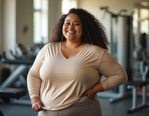 Plus-size woman smiles happily in gym. Stands confidently, wearing workout clothes. Healthy lifestyle, fitness, body positivity visible. Indoor setting. Image suitable for body positivity campaigns,