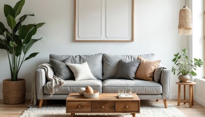 Bright living room boasts comfortable grey sofa with natural earthy tones. Rustic wooden coffee table complements cozy atmosphere. Plants adds touch of nature to space. Interior design minimalist yet
