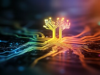 A vibrant, abstract representation of a circuit board with tree-like structures, symbolizing the intersection of nature and technology.