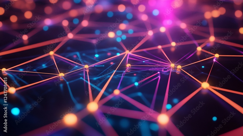 Poster abstract network connections with glowing nodes and lines in vibrant colors with black background