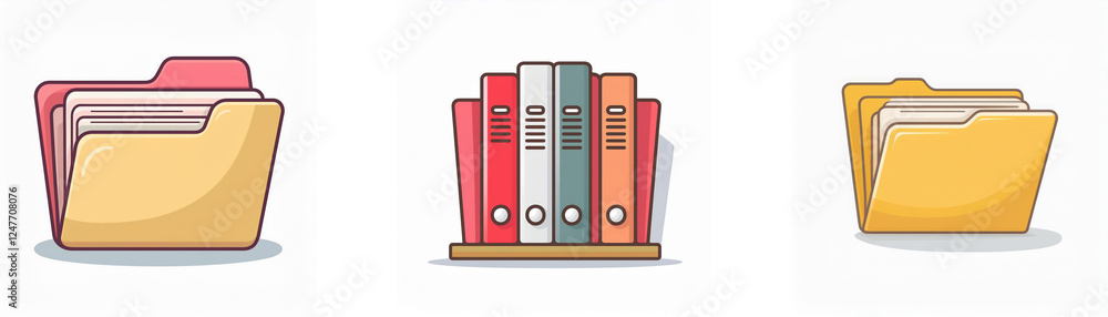 Poster three folder icons illustrate data organization: one open with pink tab, a shelf of binders, and a s