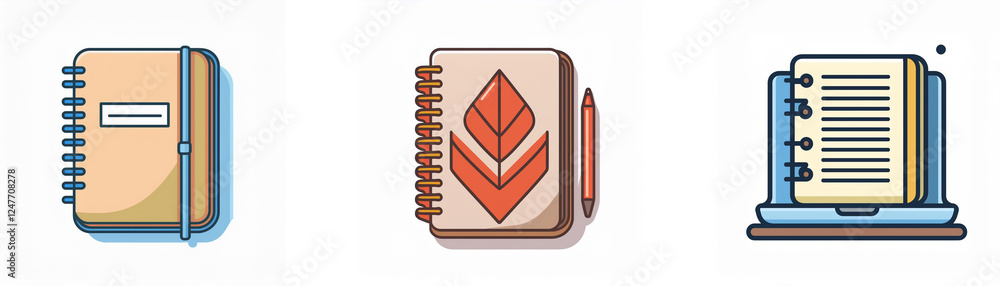 Poster three notebook icons are displayed: a spiral notebook, a notebook with a leaf design and pen, and a 