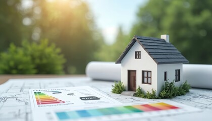 Eco friendly house model sits on blueprints with energy efficiency rating. Sustainable real estate concepts highlighted. Blueprint shows energy performance details. Property eco rating clear.
