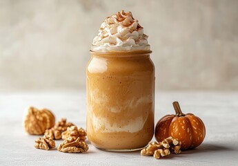 Creamy Pumpkin Spice Beverage with Whipped Cream Topping and Spice Garnish in Jar Surrounded by Nuts and Mini Pumpkin