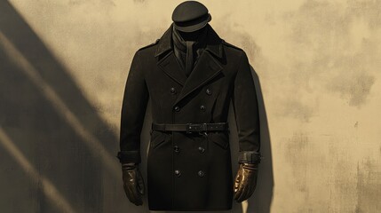 Stylish dark double-breasted overcoat with leather gloves and cap on a mannequin against a textured wall.
