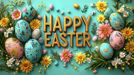 Colorful Easter Celebration with Decorated Eggs and Flowers