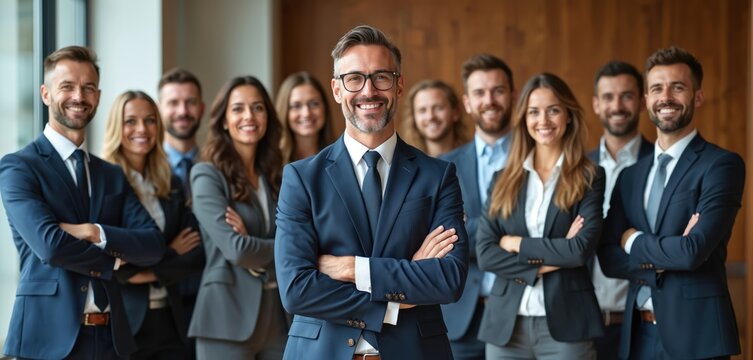 Successful business team stands together indoors. Confident leader smiles with colleagues. Diverse group of adults in formal attire. Team looks happy, united. Modern office setting. Positive vibes,